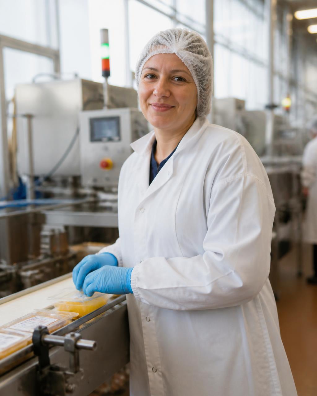Mitarbeiterin in heller Arbeitskleidung an einer Abfüllanlage in der Lebensmittelproduktion